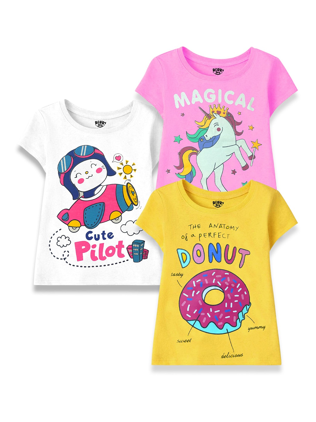 

BERRYJOY Girls Pack Of 3 Graphic Printed Round Neck Cotton T-shirts, White