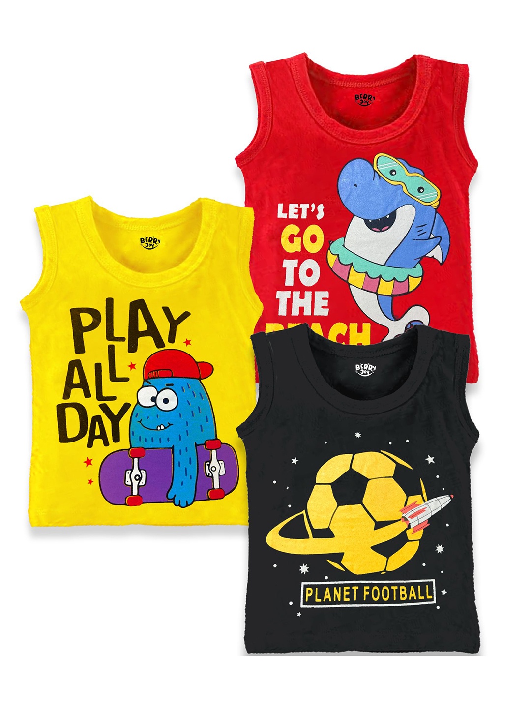 

BERRYJOY Boys Pack Of 3 Graphic Printed Round Neck Cotton T-shirts, Yellow