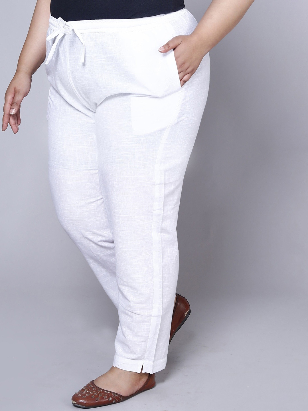 

Prin Fashion House Women Cotton Plus Size Relaxed Straight Leg Easy Wash Trousers, White