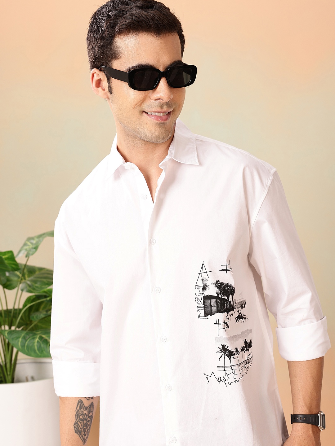 

Mast & Harbour Relaxed Fit Opaque Graphic Printed Pure Cotton Casual Shirt, White