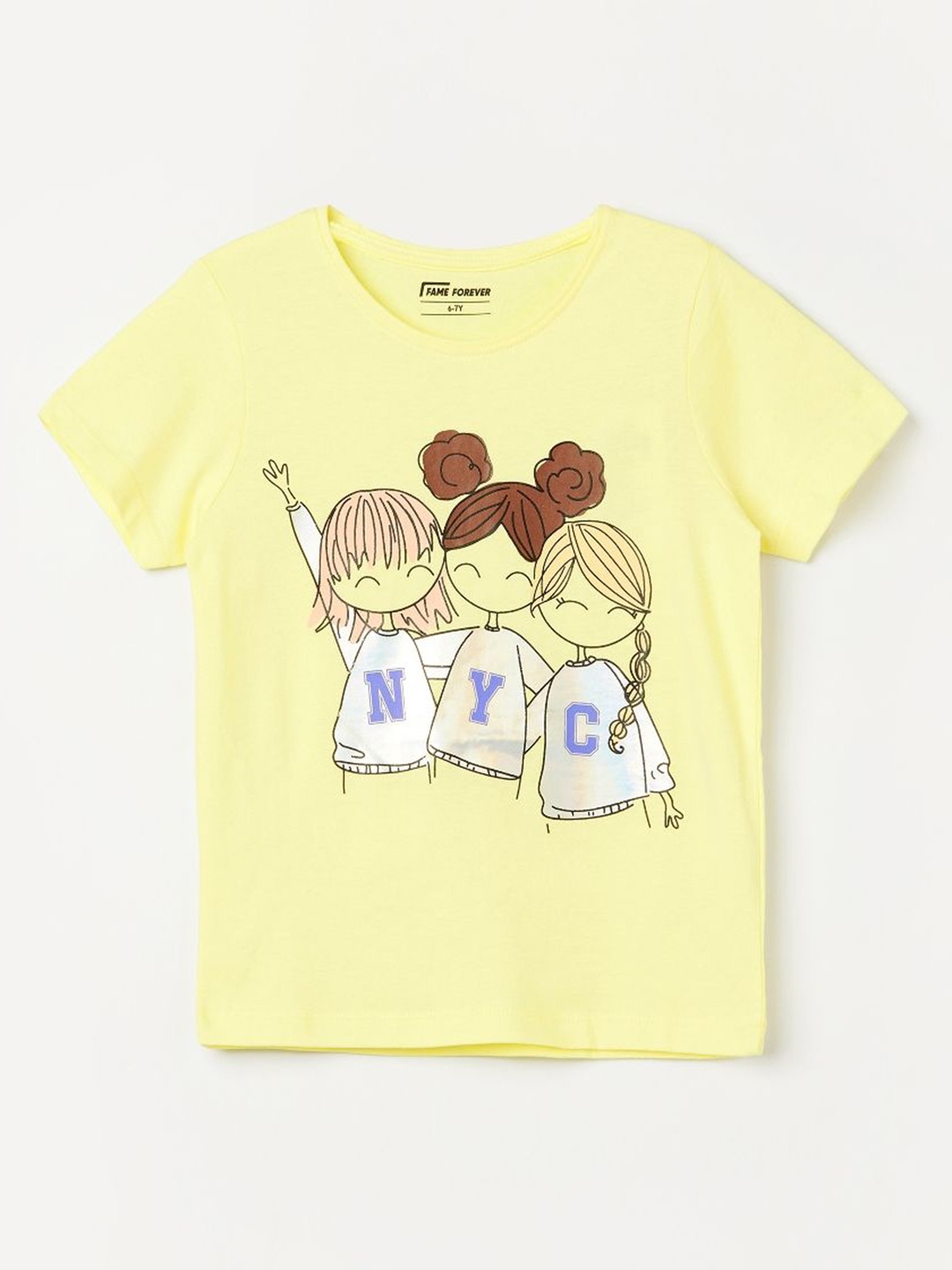 

Fame Forever by Lifestyle Girls Graphic Printed Round Neck Cotton T-shirt, Yellow