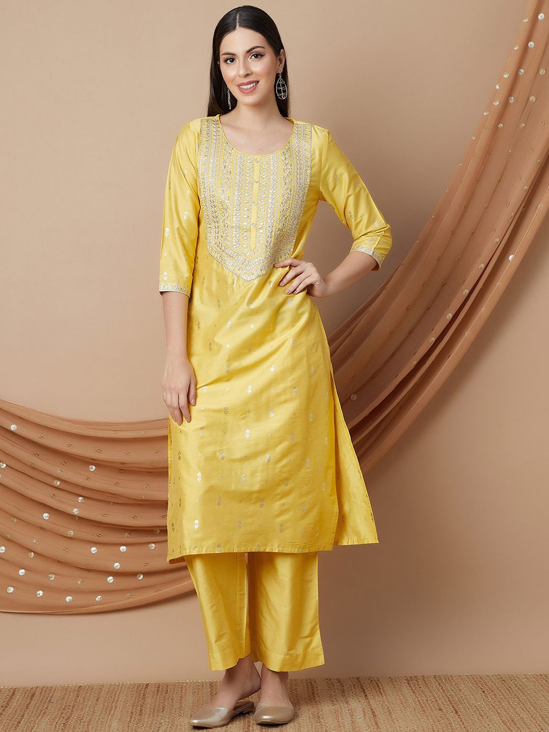 

Melange by Lifestyle Sequinned Embroidered Straight Kurta With Trouser And Dupatta, Yellow