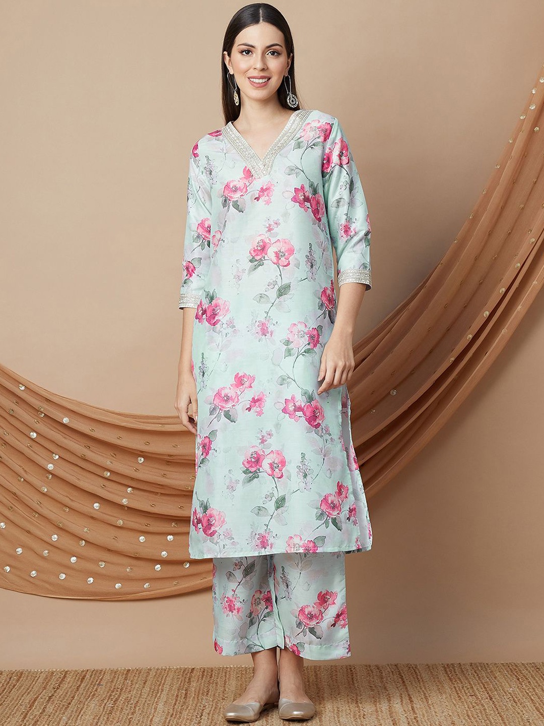 

Melange by Lifestyle Women Floral Printed Regular Kurta with Palazzos & With Dupatta, Blue