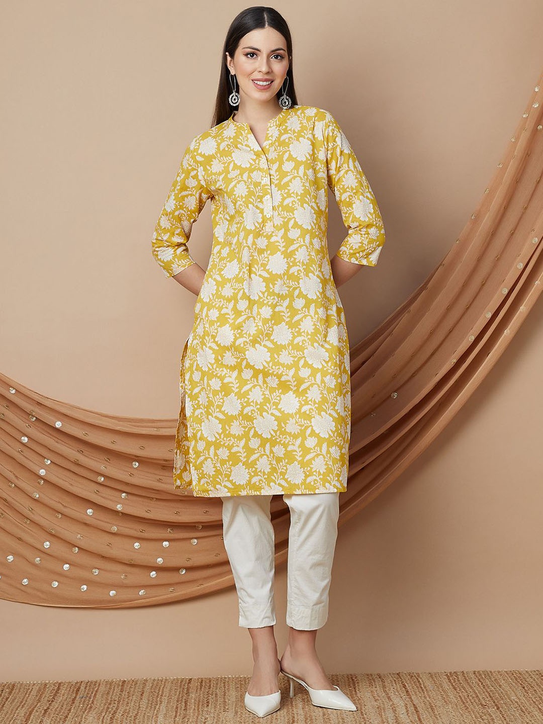 Melange by Lifestyle Floral Printed Mandarin Collar Straight Kurta, Mustard