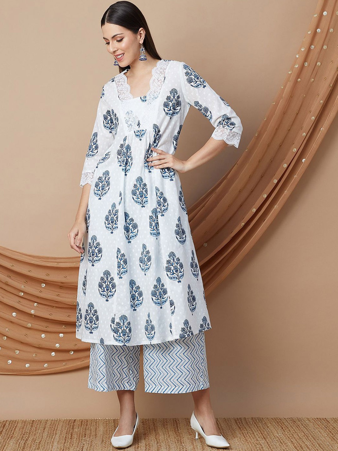 

Melange by Lifestyle Floral Printed Pure Cotton A-Line Kurta With Trouser And Dupatta, Off white