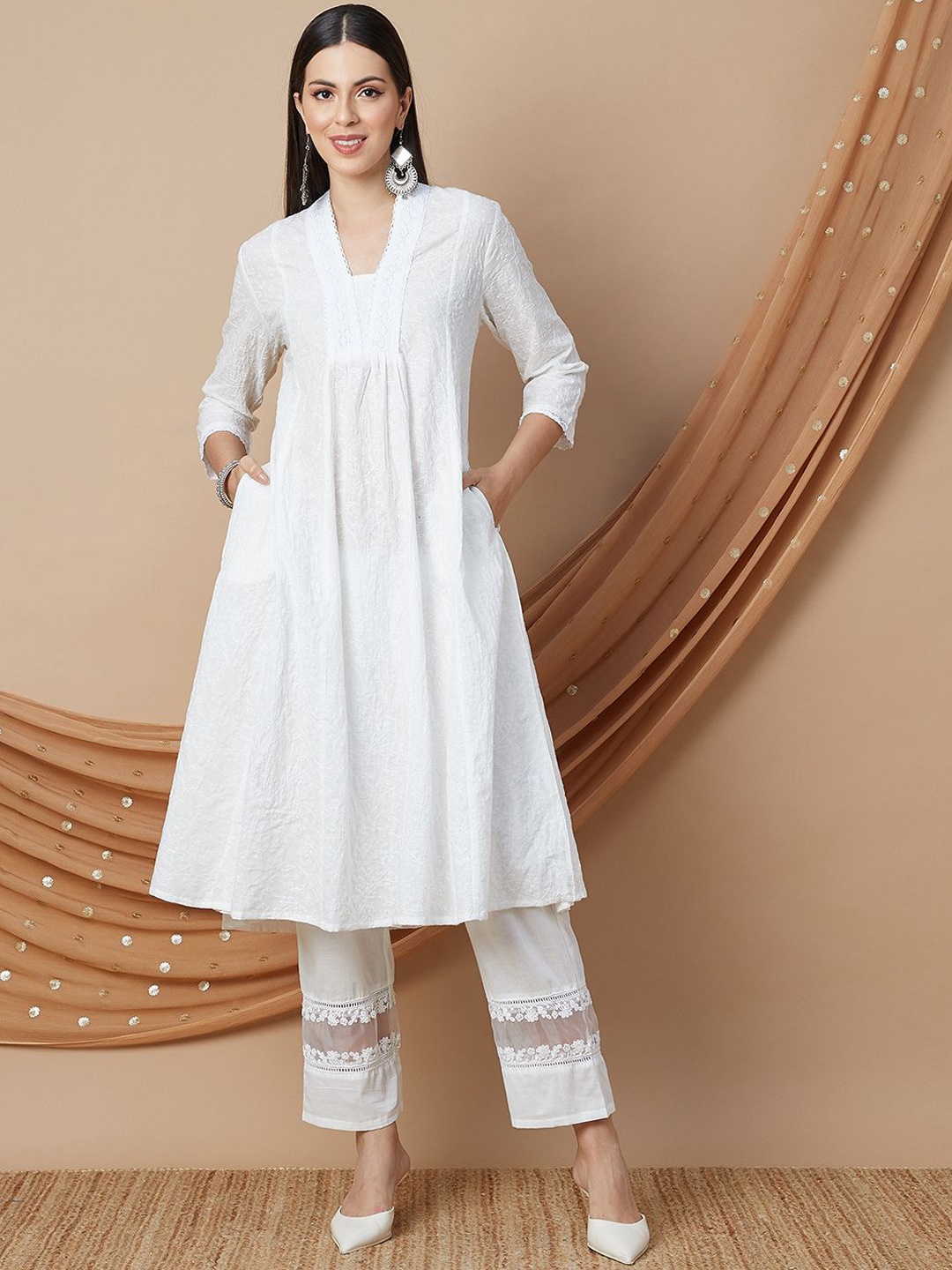 

Melange by Lifestyle Floral Embroidered Thread Work A-Line Kurta, Off white