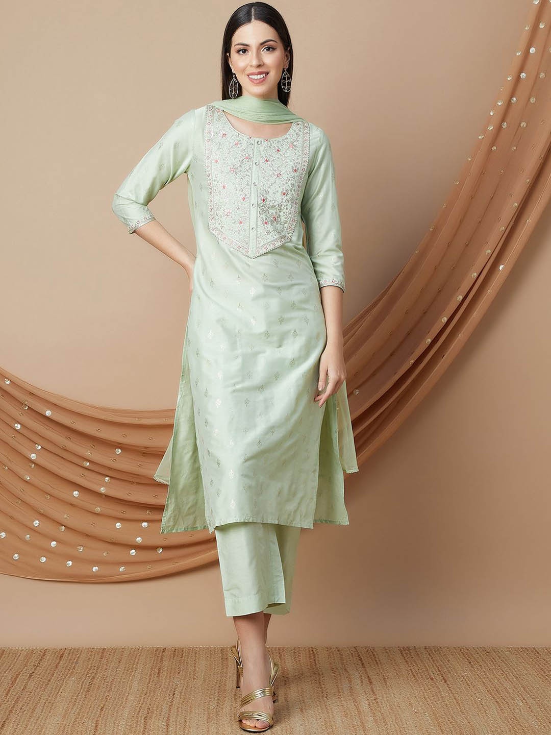 

Melange by Lifestyle Sequinned Embroidered Straight Kurta With Trouser And Dupatta, Grey