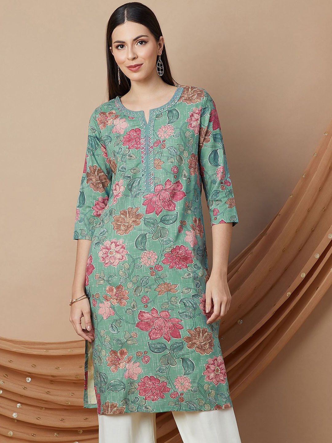 

Melange by Lifestyle Floral Printed Sequinned Straight Kurta, Blue
