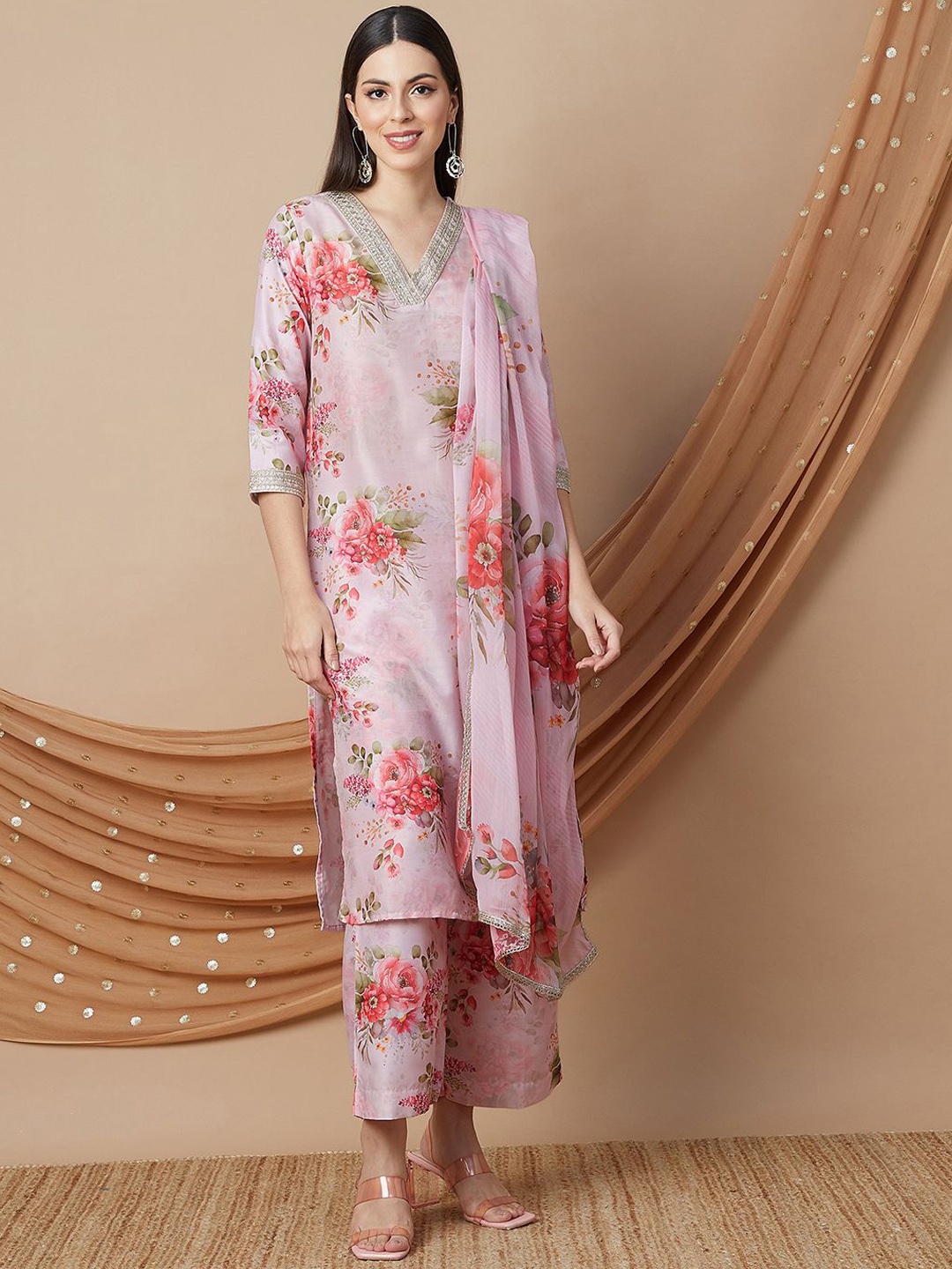 

Melange by Lifestyle Floral Printed Sequinned Straight Kurta With Trouser And Dupatta, Pink