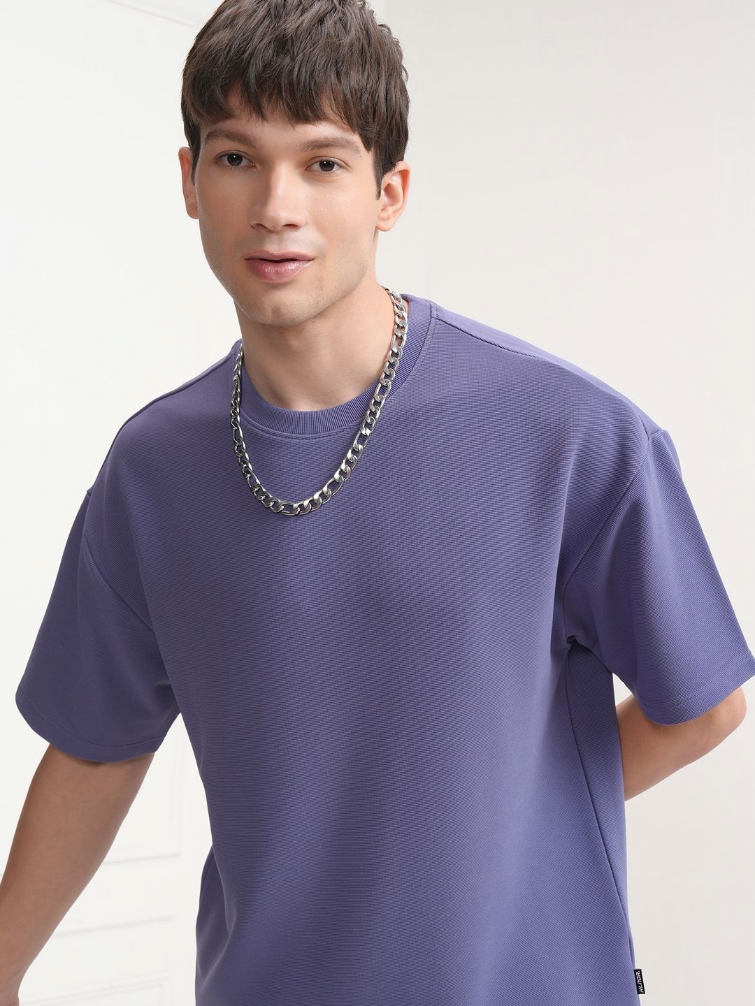 

HIGHLANDER Men Round Neck Textured Drop Shoulder Oversized Tshirt, Purple