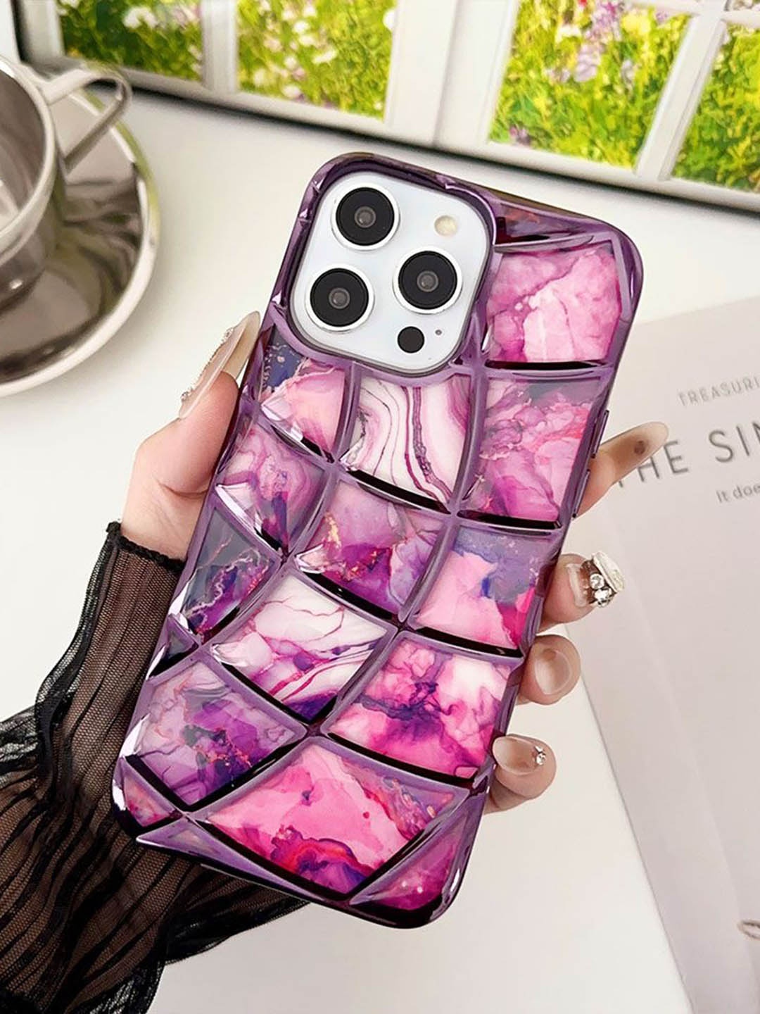 

Luxury Kase LK145 Electroplated Marble Look Soft Shell iPhone 15 Pro Back Case, Purple