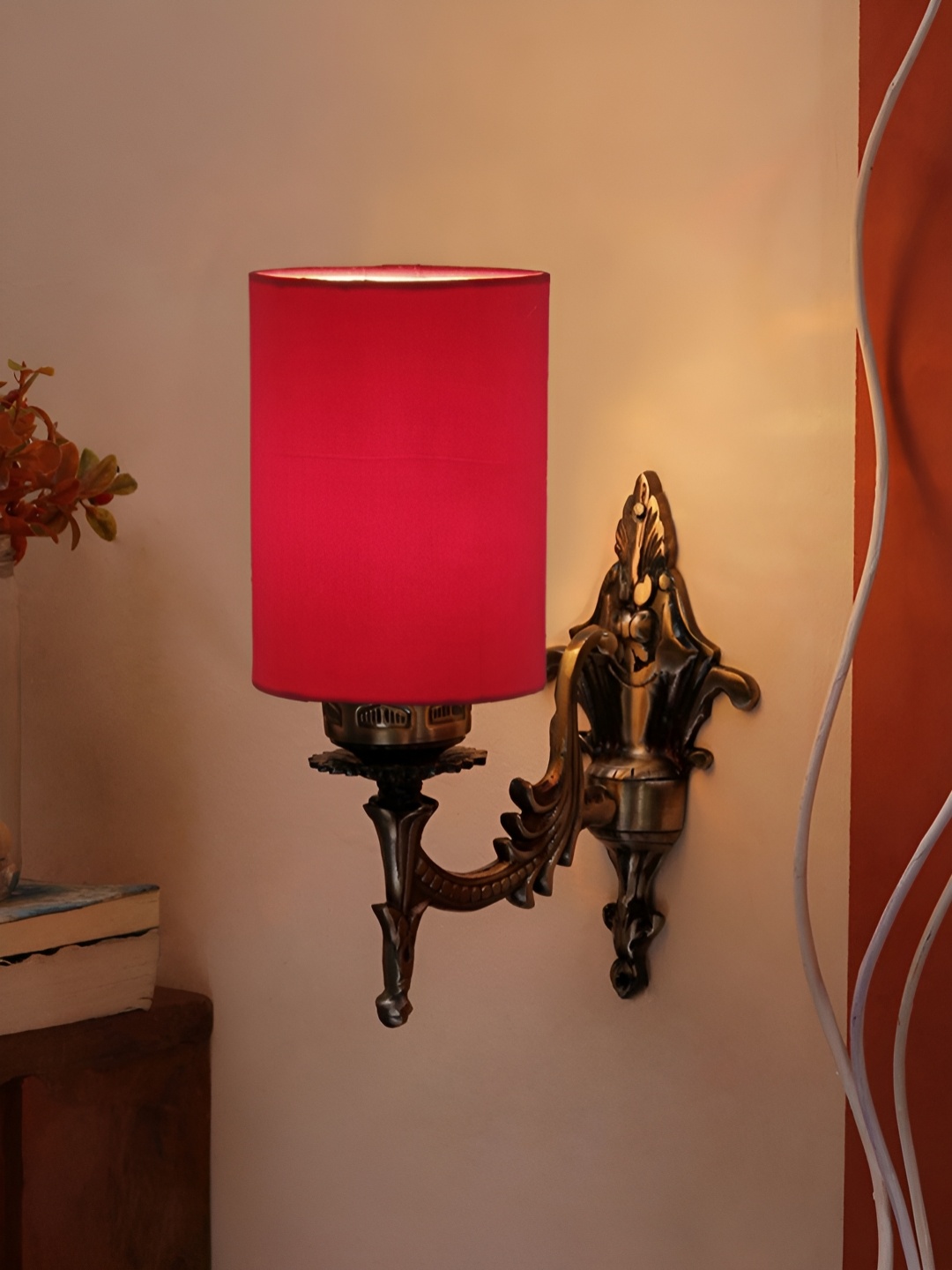 

Aura Red & Gold-Toned Cylinder Shaped Antique Metal Wall Lamp