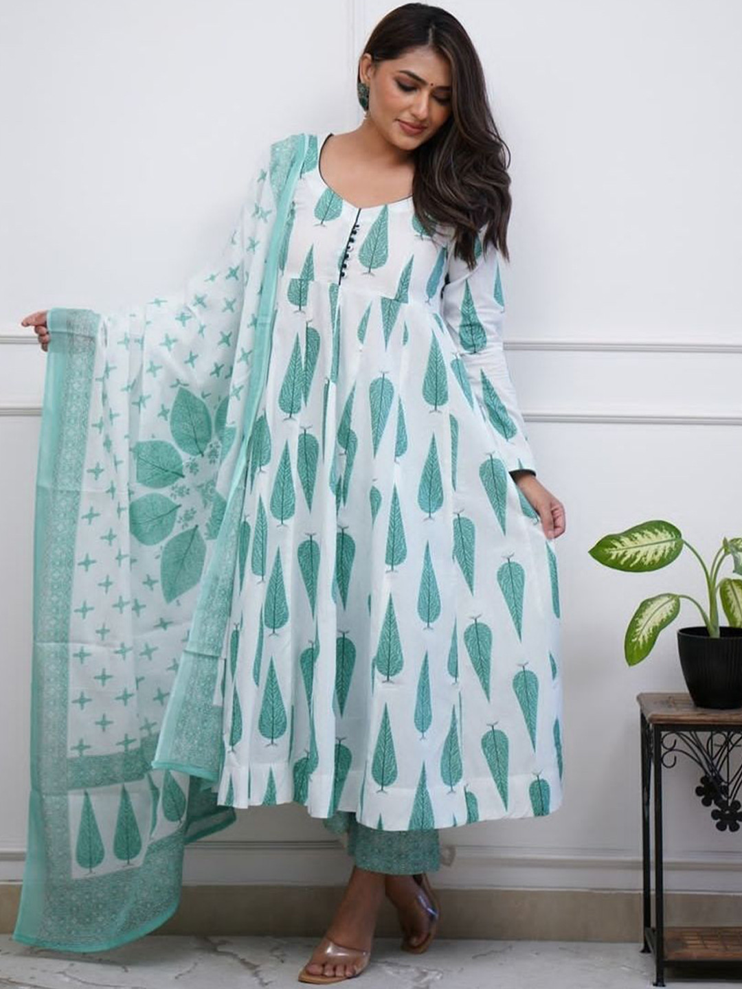 

PIDER Floral Printed Pure Cotton A-Line Kurta With Palazzos And Dupatta, White