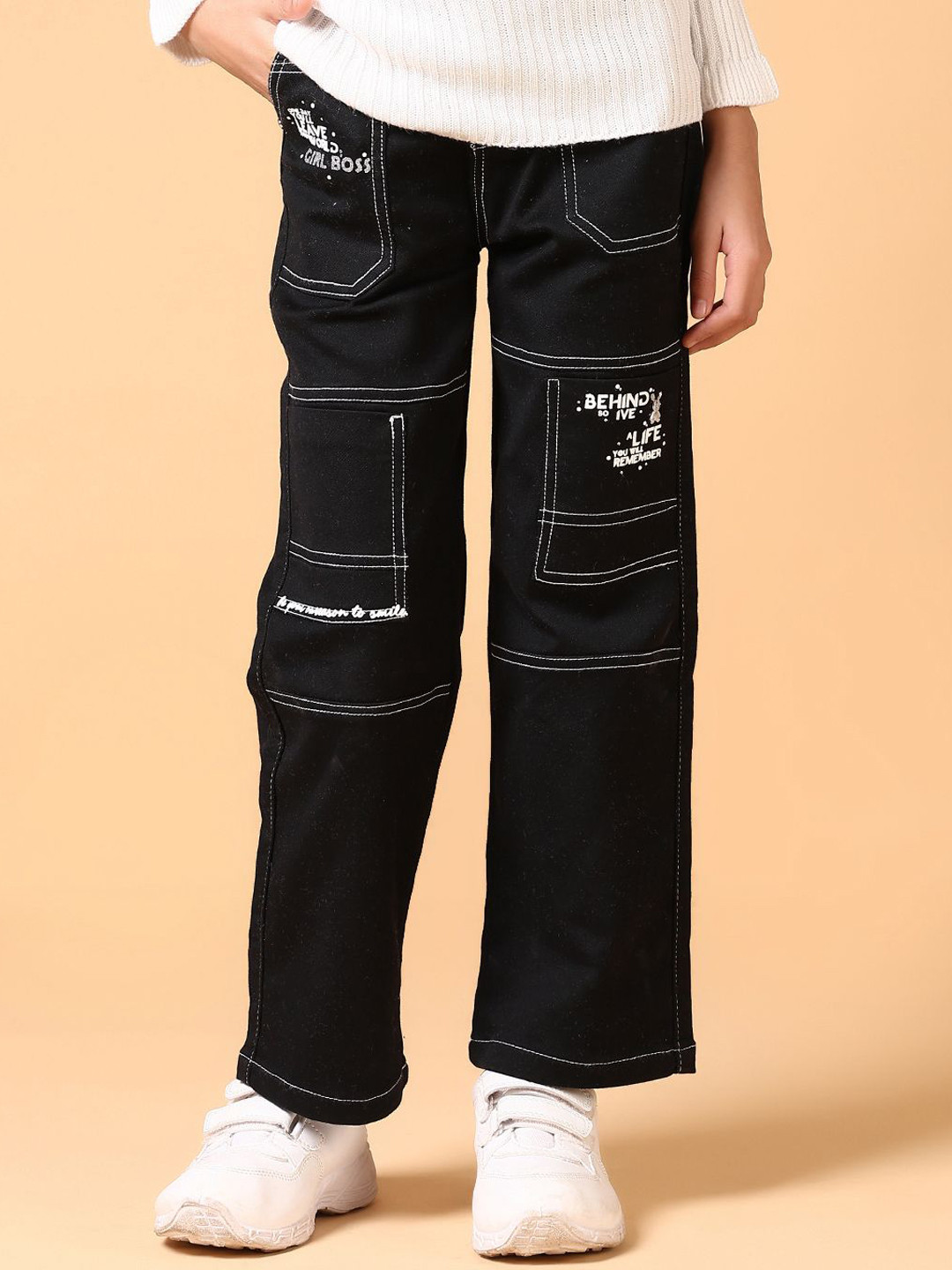 

V-Mart Girls Mid-Rise Stretchable Cargo Jeans, Black