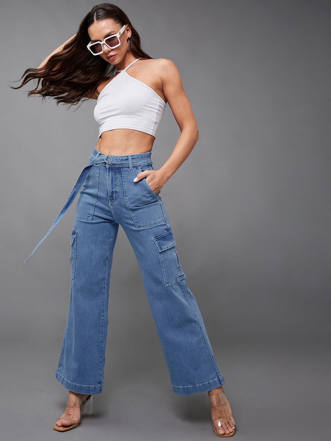 

Miss Chase Ephemeral cosmic dance Women Wide Leg High-Rise Cargo Jeans, Blue