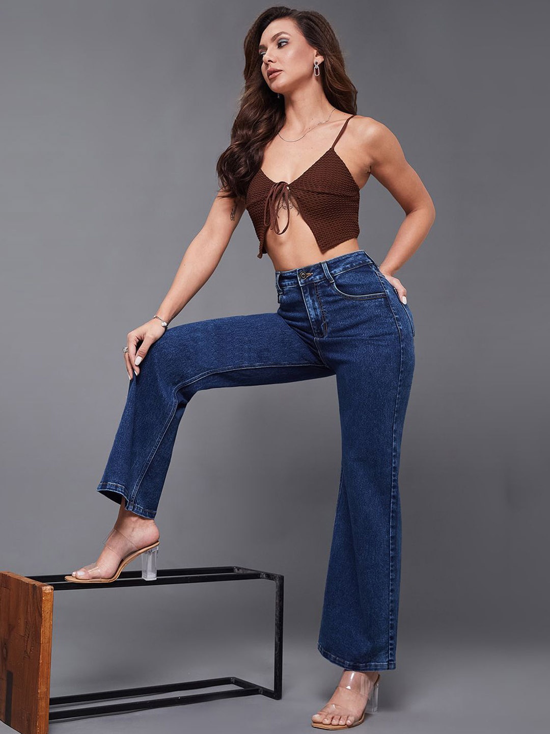 

Miss Chase Women Wide Leg High-Rise Mildly Distressed Light Fade Stretchable Jeans, Blue