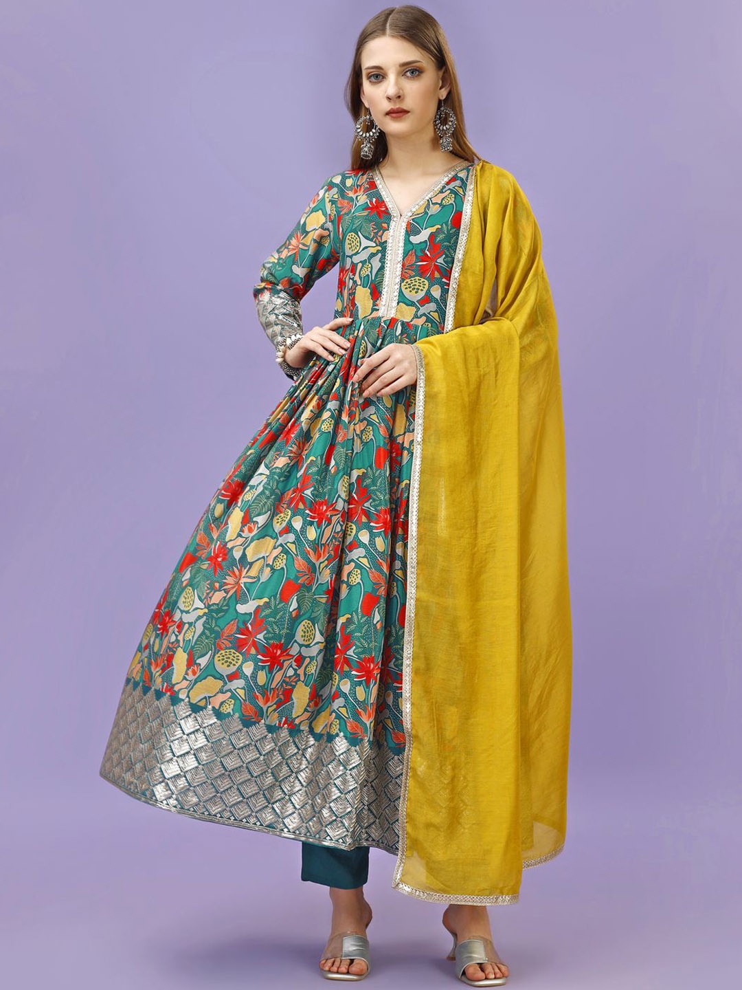 

Moda Rapido Floral Printed Sequinned Anarkali Kurta With Trouser And Dupatta, Teal