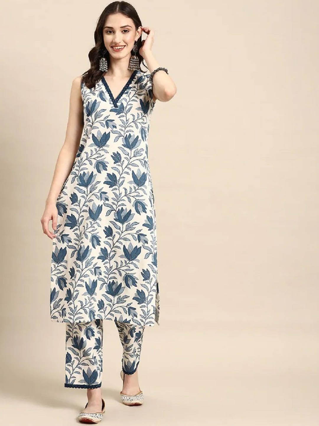 

Moda Rapido Floral Printed V-Neck Straight Kurta With Trouser, Blue