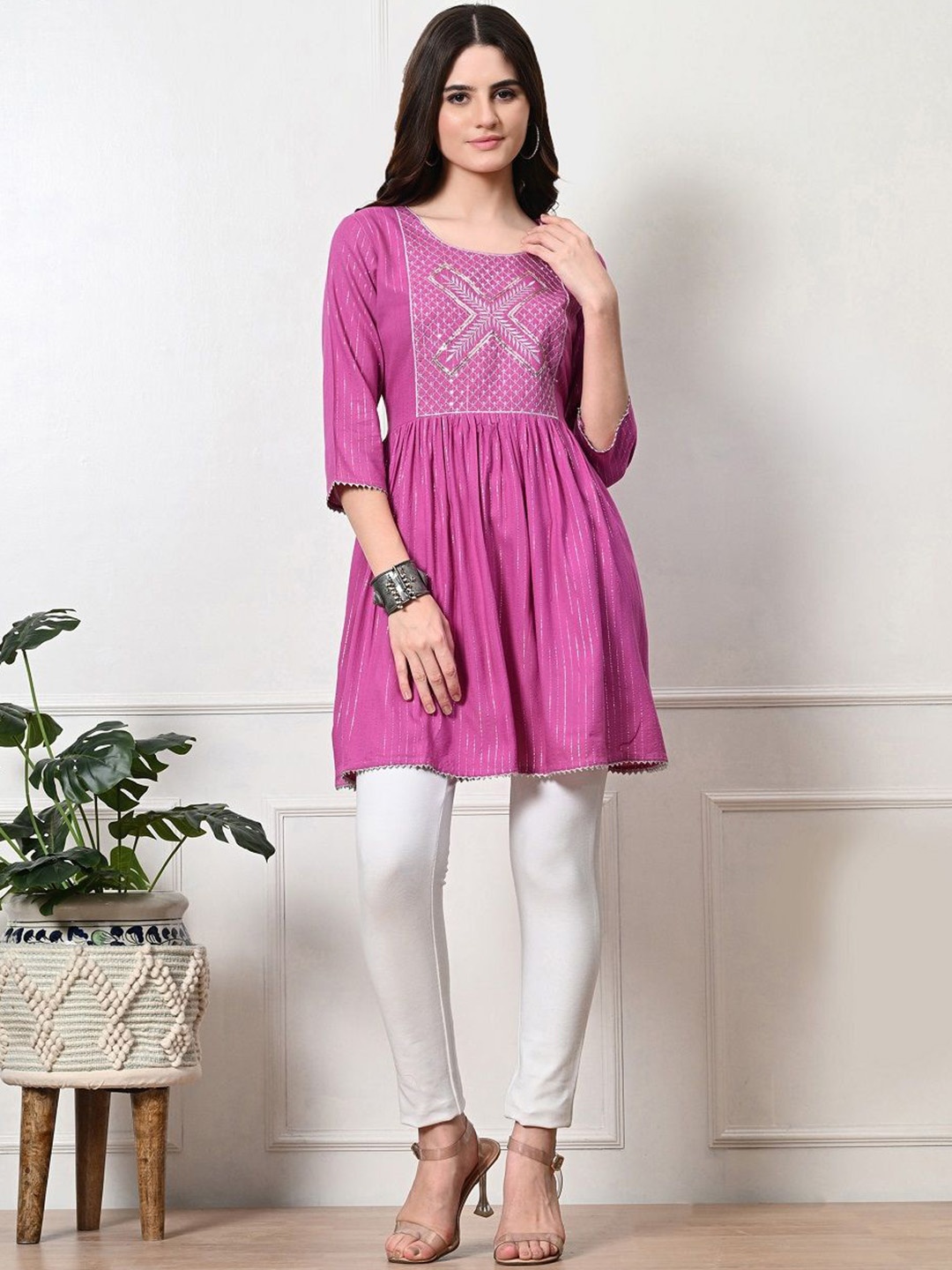 

METAFAB Striped Printed Sequinned Thread Work Anarkali Kurti, Pink
