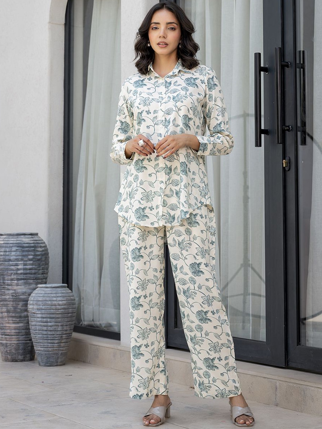 BAESD Floral Printed Long Sleeves Shirt With Trouser, Green