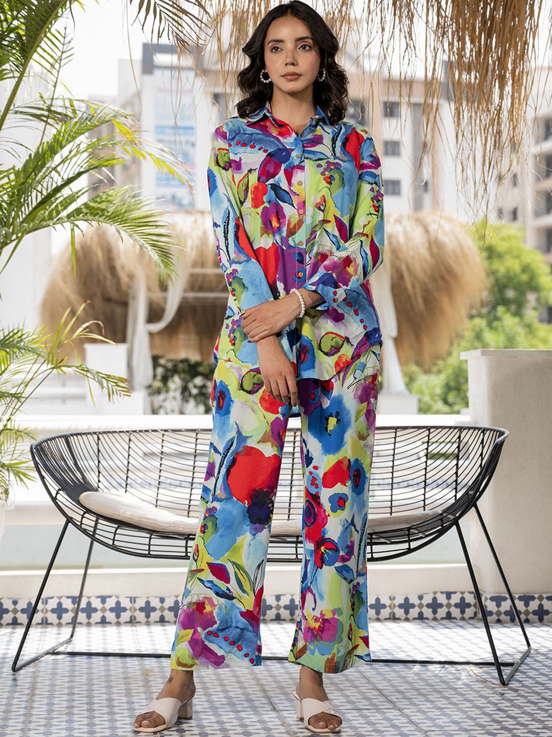 

BAESD Floral Printed Long Sleeves Shirt With Trouser, Blue