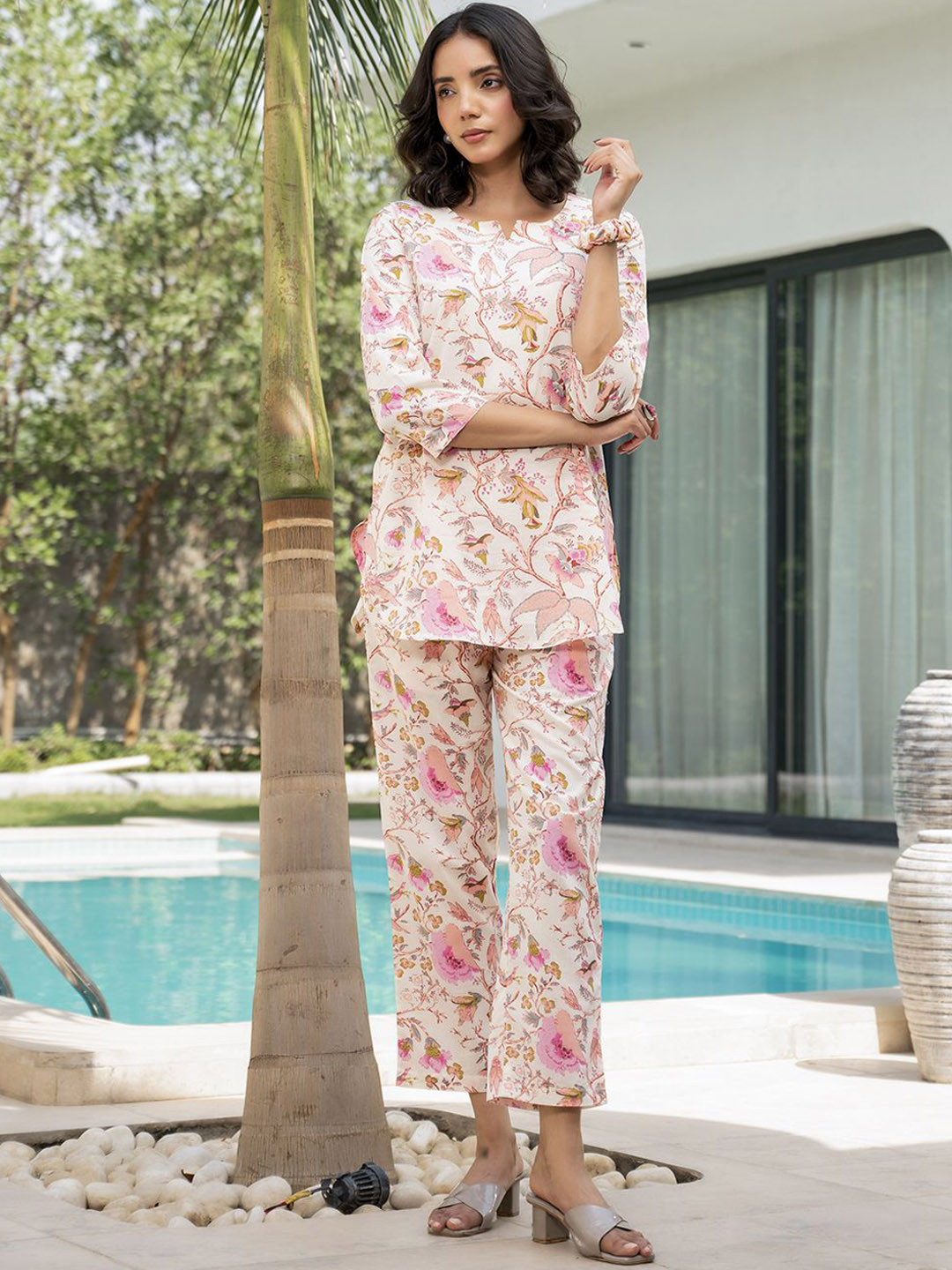 

BAESD Floral Printed Printed Cotton Tunic & Trouser, Cream