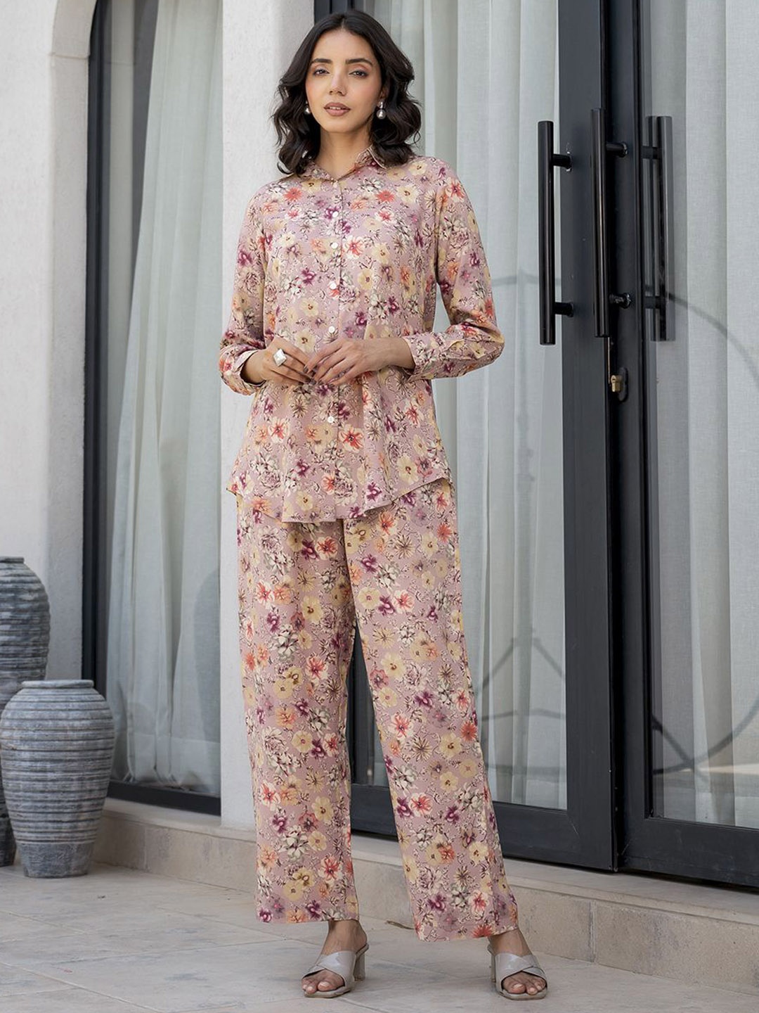 

BAESD Floral Printed Long Sleeves Shirt With Trouser, Purple