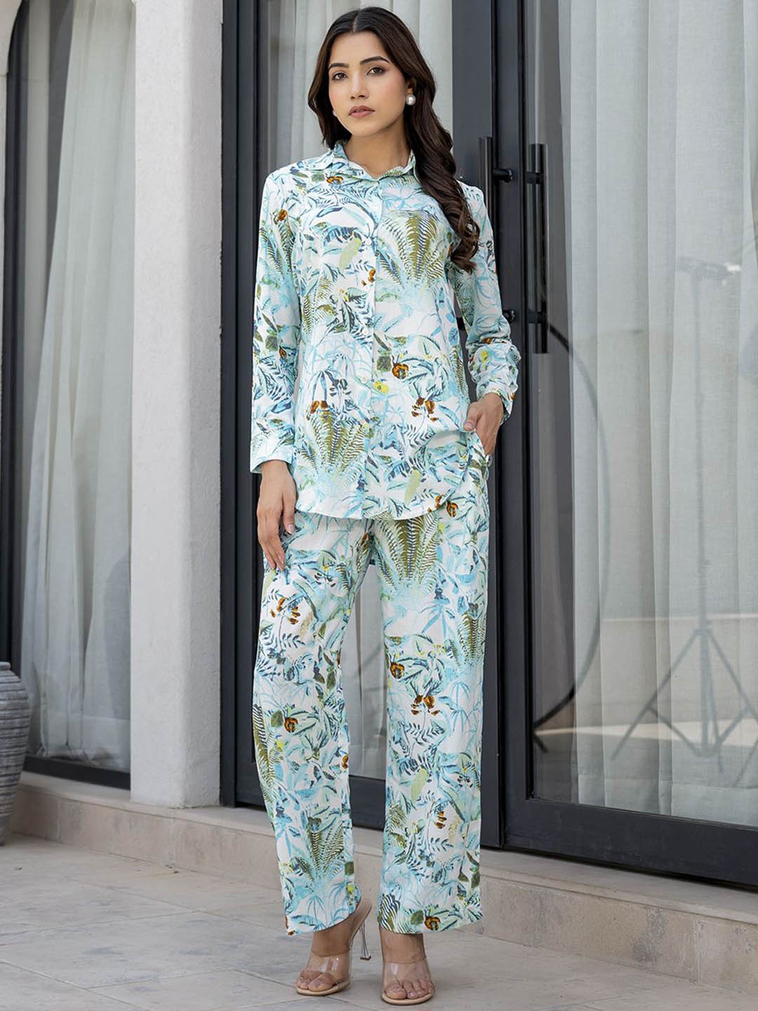 BAESD Floral Printed Long Sleeves Shirt With Trouser, Blue