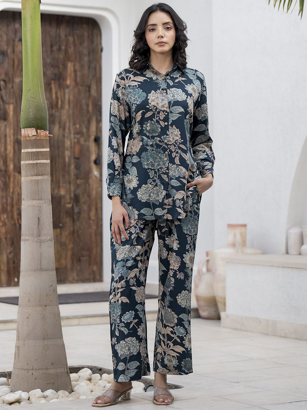 

BAESD Floral Printed Long Sleeves Shirt With Trouser, Green