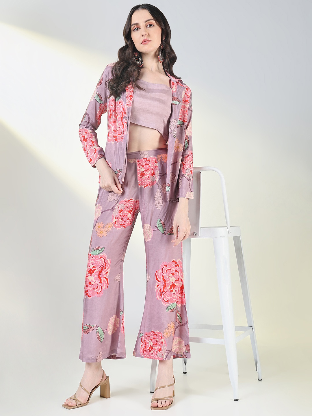 

SHOWOFF Floral Printed Coat & Trouser With Inner Top Co-Ords, Purple