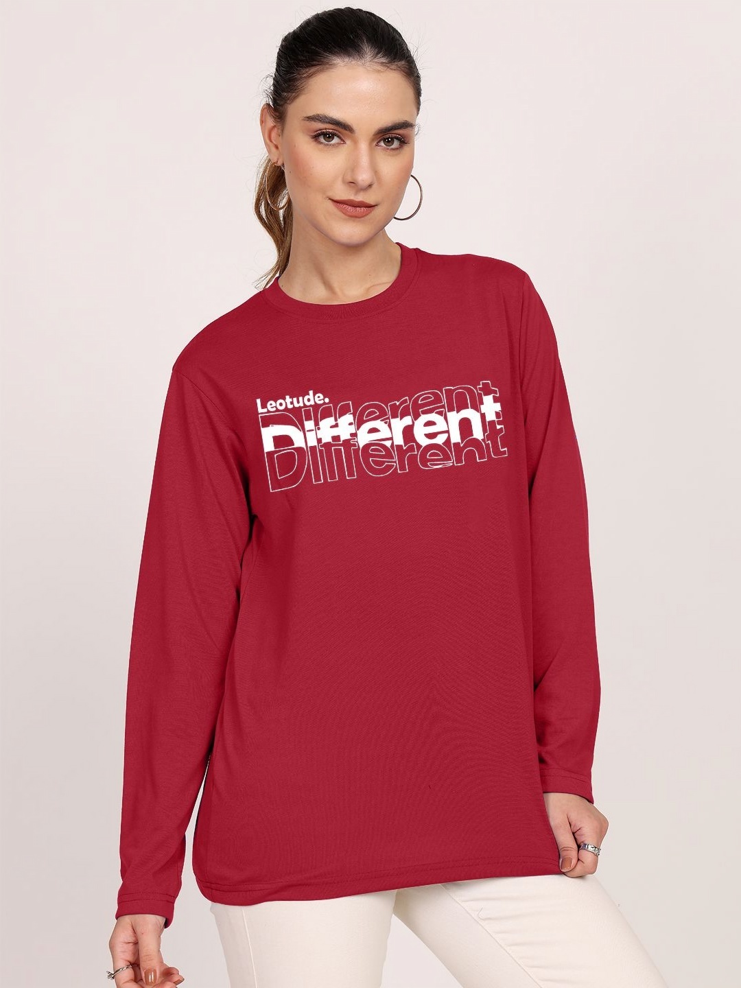 

Leotude Women Typography Printed Round Neck Cotton Boxy T-shirt, Maroon