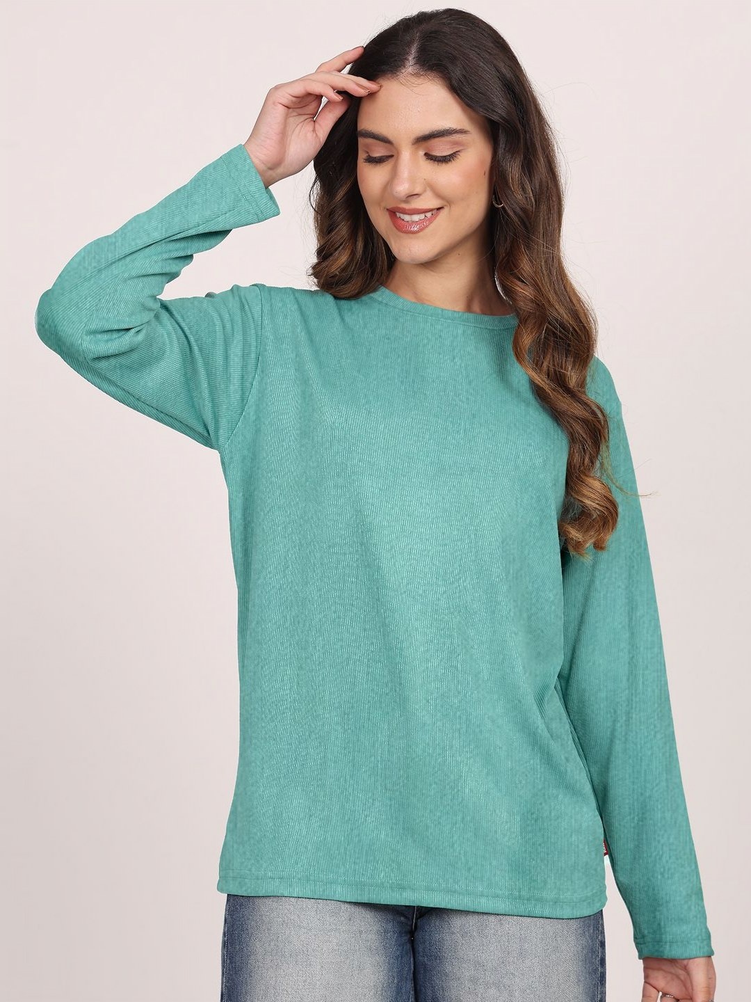 

Leotude Women Solid Round Neck Cotton T-shirt, Green