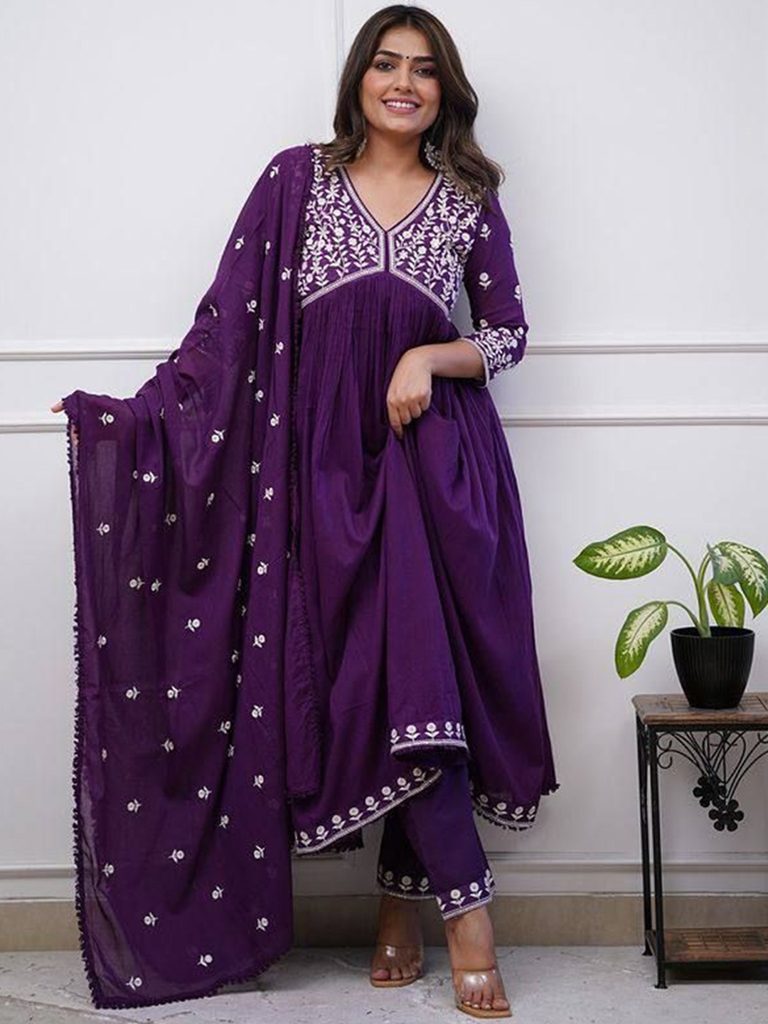 

KALINI Floral Embroidered Pleated Empire Kurta with Trousers & Dupatta, Magenta