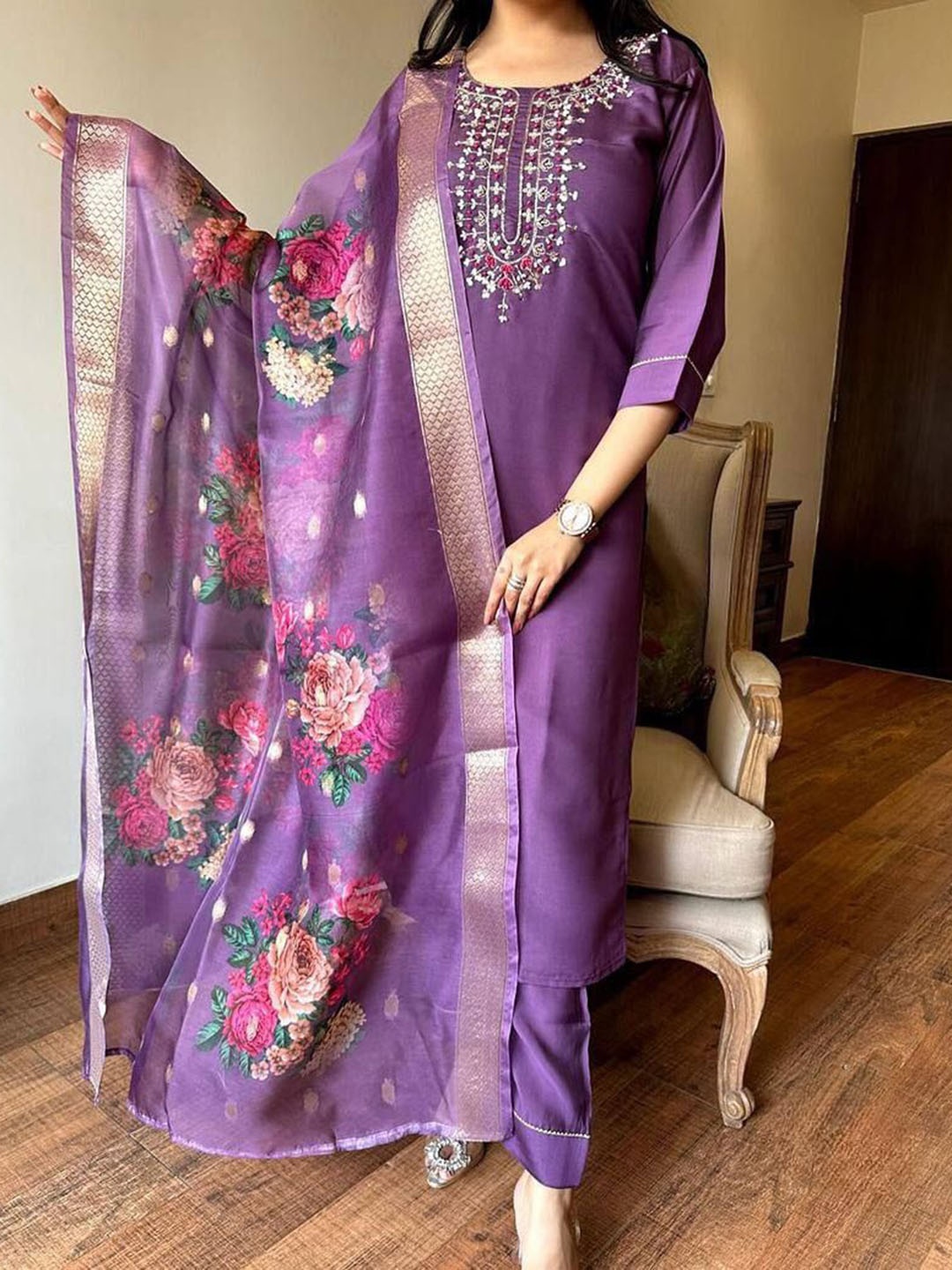 

KALINI Sequinned Embellished Round Neck Straight Kurta with Trousers And Dupatta, Purple