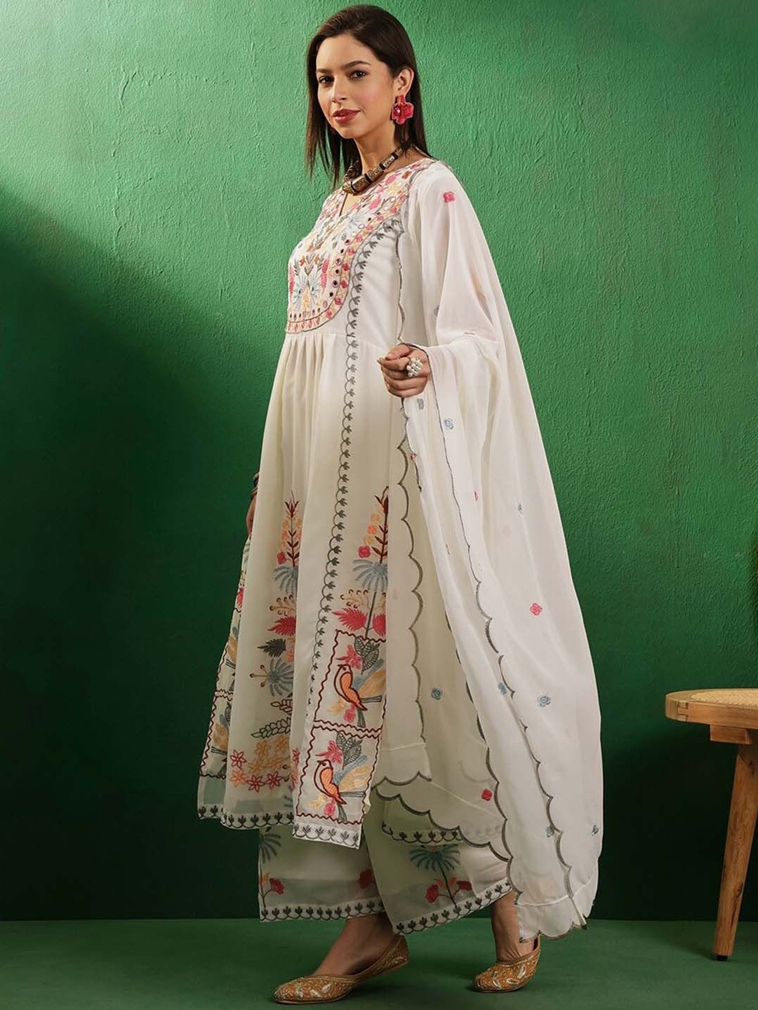 

KALINI Ethnic Motifs Embroidered Notch- Neck Anarkali Kurta With Trouser & Dupatta, Off white