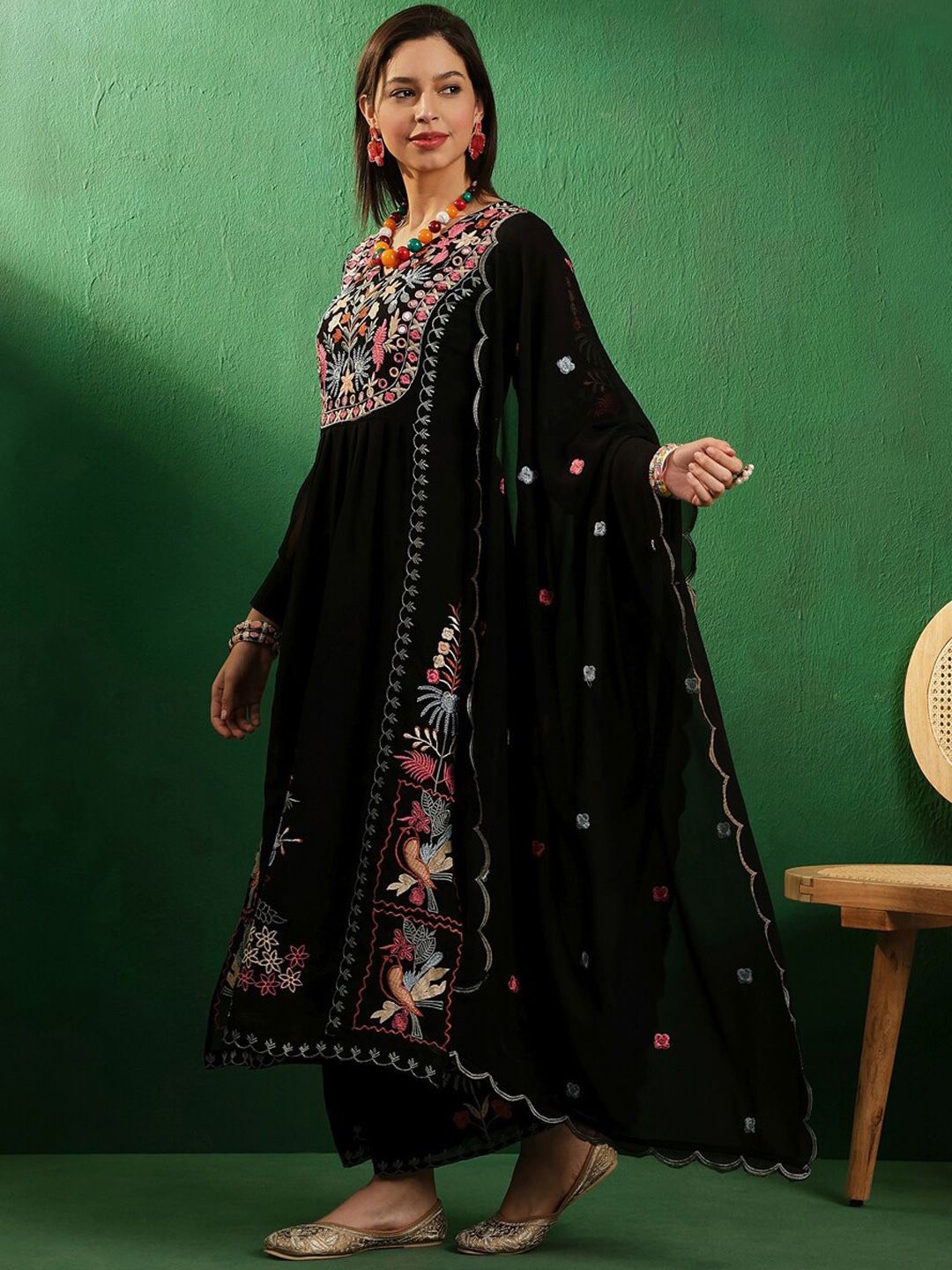 

KALINI Ethnic Motifs Embroidered Notch- Neck Anarkali Kurta With Trouser & Dupatta, Black