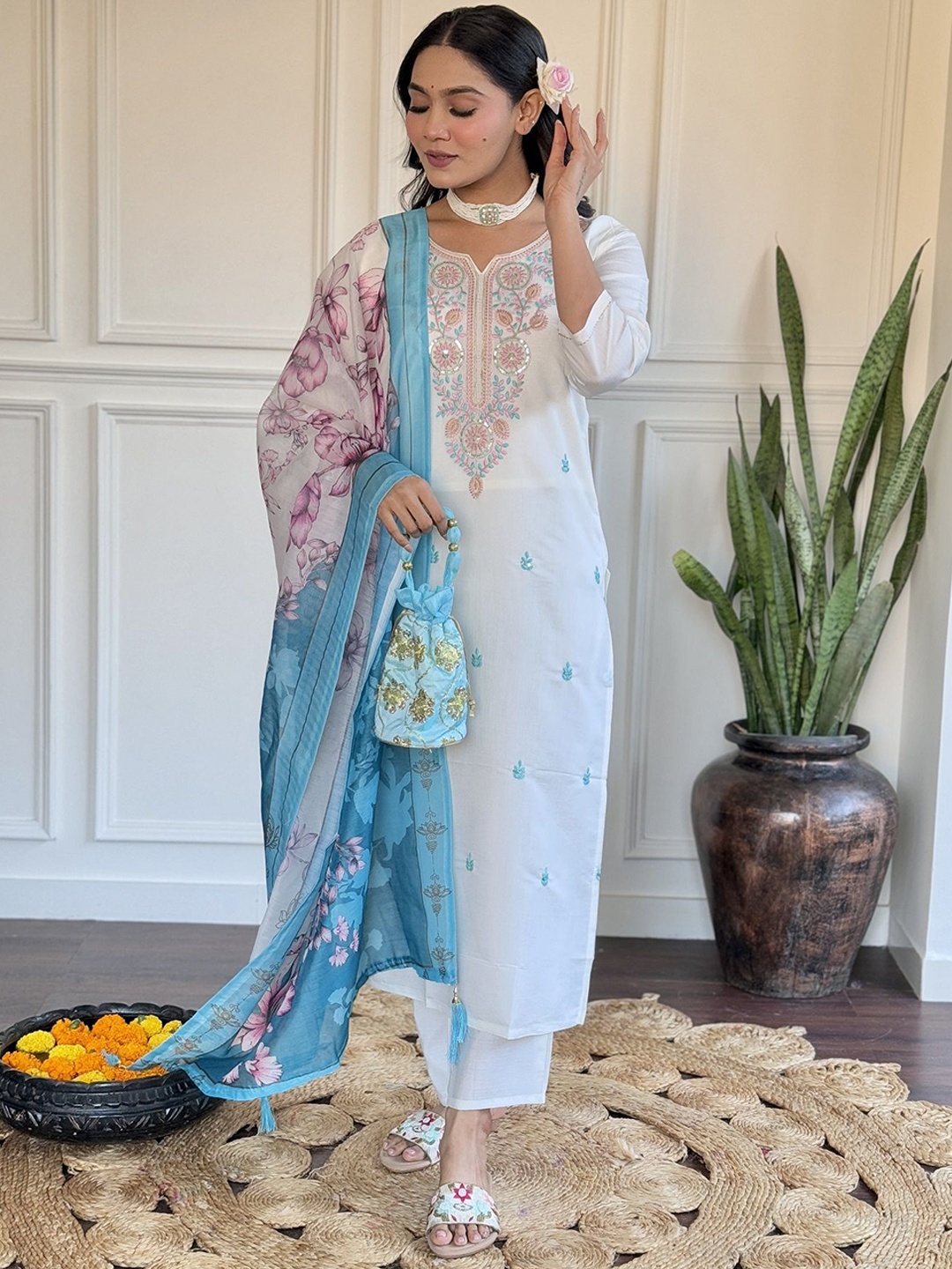 

KALINI Floral Printed Embroidered Straight Kurta With Trouser & Dupatta, White