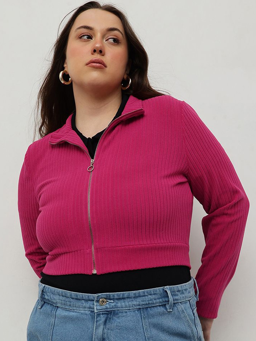 

CURVY STREET Women Colourblocked without Crop Bomber Jacket, Fuchsia
