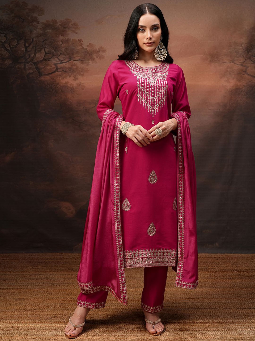 

Vishudh Floral Embroidered Round Neck Sequinned Straight Kurta With Trouser & Dupatta, Fuchsia