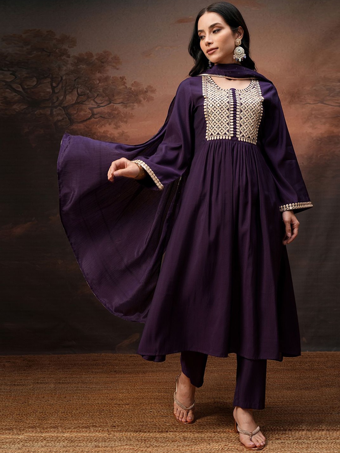 

Vishudh Women Embroidered Kurta With Pant And Chinon Chiffon Dupatta, Purple