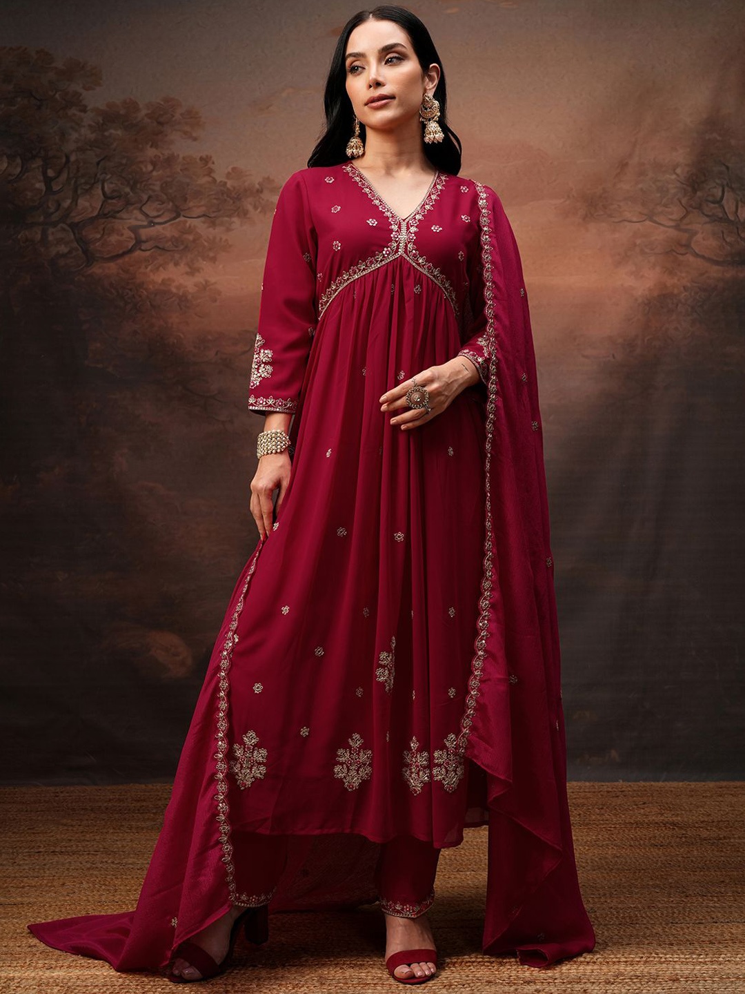 

Vishudh Floral Embroidered V-Neck Sequinned Empire Anarkali Kurta With Trouser & Dupatta, Fuchsia