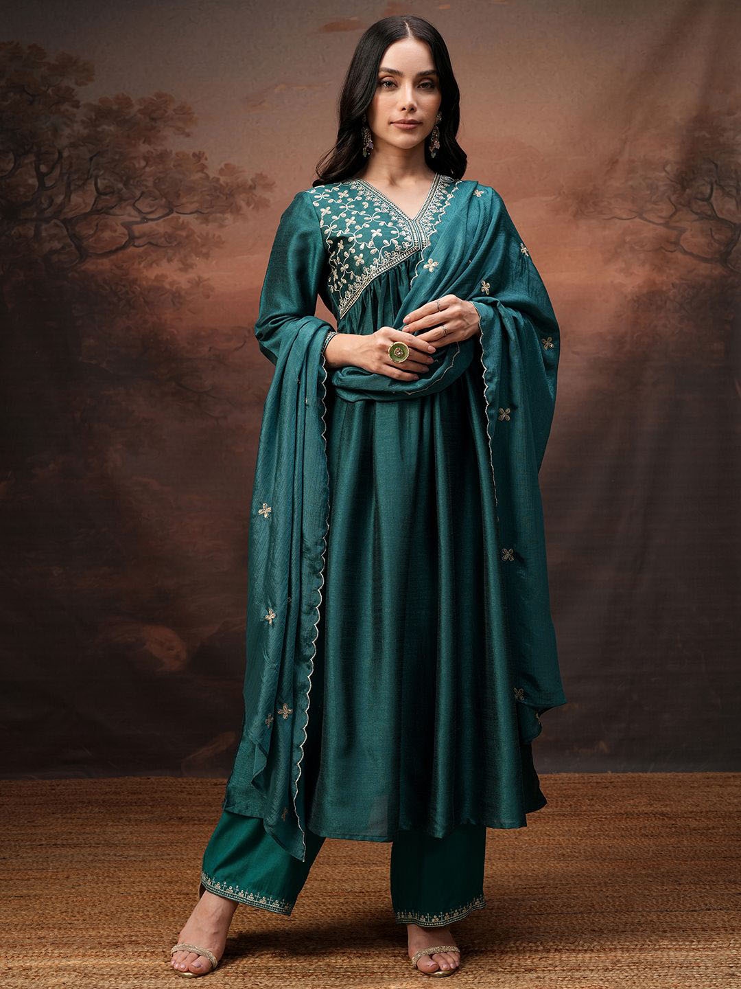 

Vishudh Floral Embroidered V-Neck Sequinned Empire Anarkali Kurta With Palazzo & Dupatta, Teal