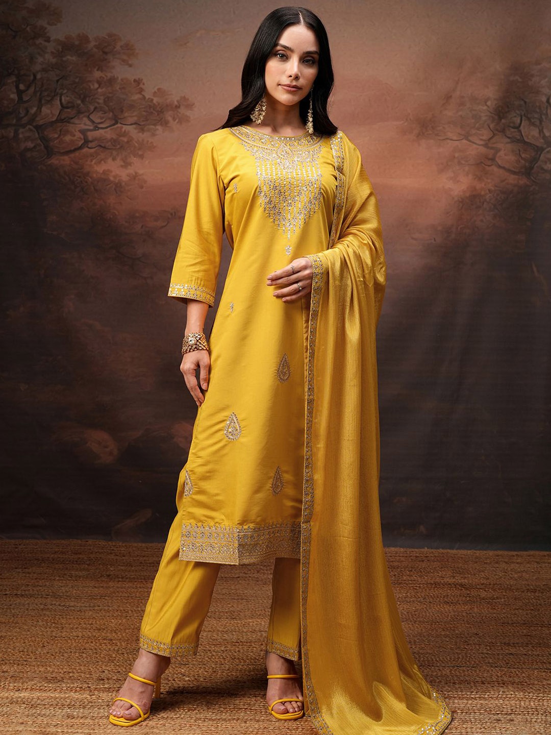 

Vishudh Women Embroidered Kurta With Pant And Chinon Chiffon Dupatta, Yellow