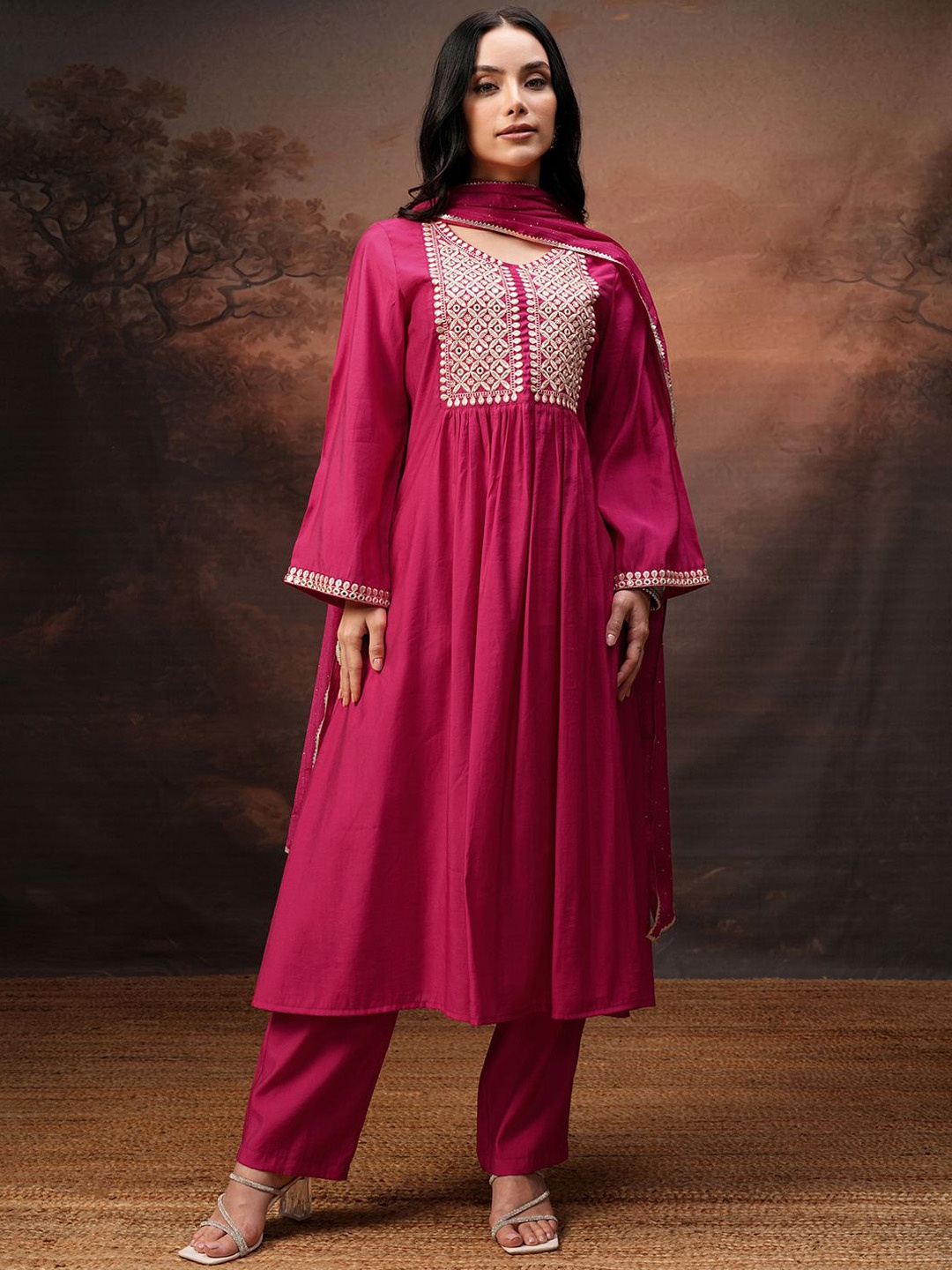 

Vishudh Women Embroidered Kurta With Pant And Chinon Chiffon Dupatta, Pink