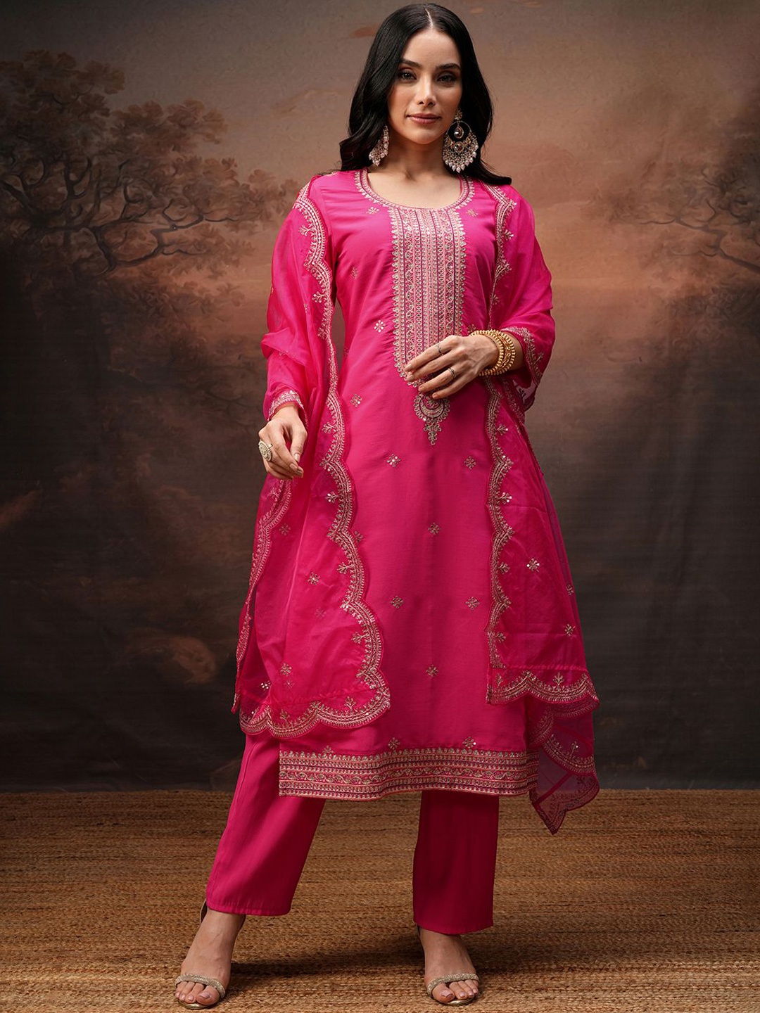 

Vishudh Women Embroidered Regular Kurta with Trousers & With Dupatta, Pink