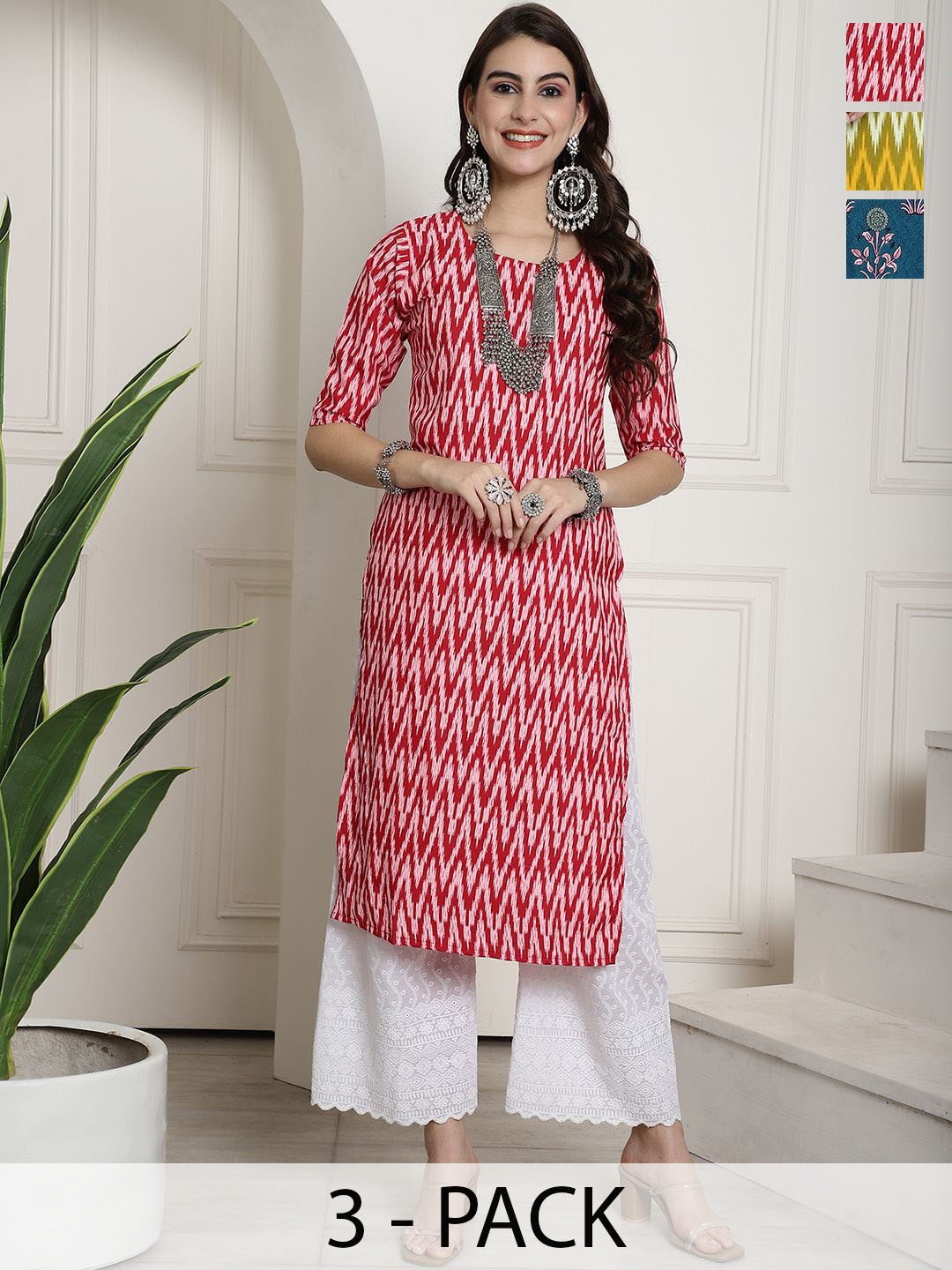 

7Threads Selection Of 3 Chevron Printed Round Neck Straight Kurtas, Red