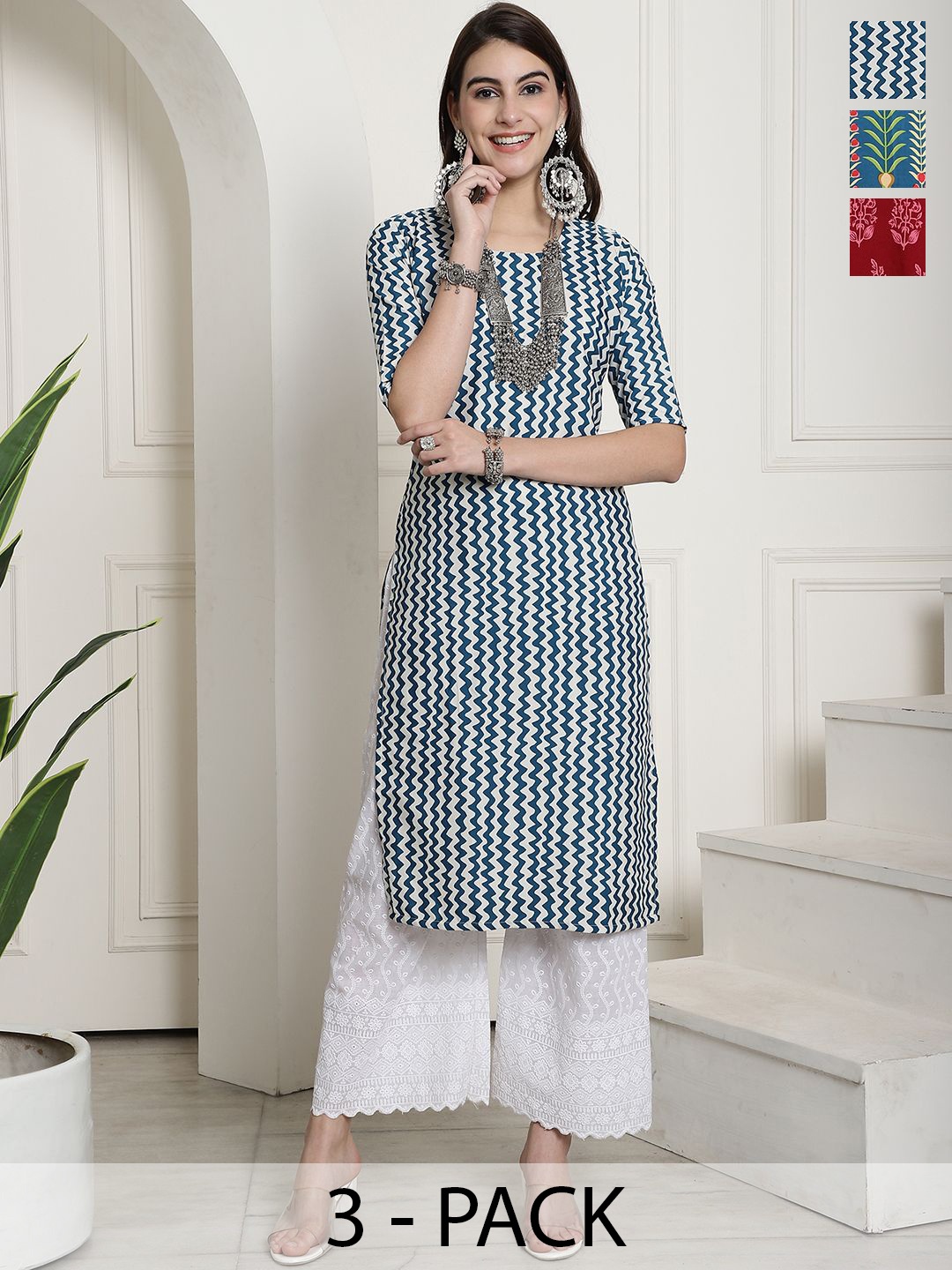 

7Threads Selection Of 3 Chevron Printed Round Neck Straight Kurtas, White