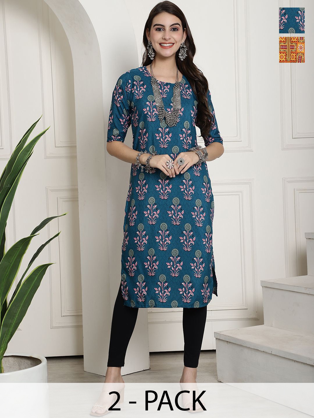 

7Threads Selection Of 2 Ethnic Motifs Printed Round Neck Kurtas, Teal