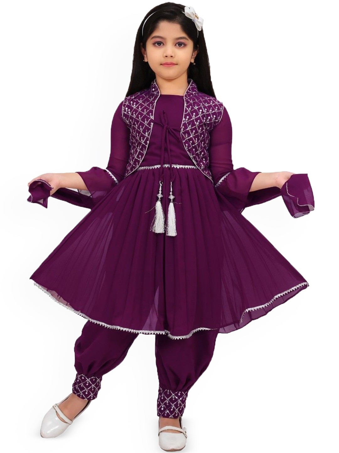 

Samshil Fashion Girls Sequinned Embroidered A-Line Kurti With Patiala And Dupatta & Jacket, Purple