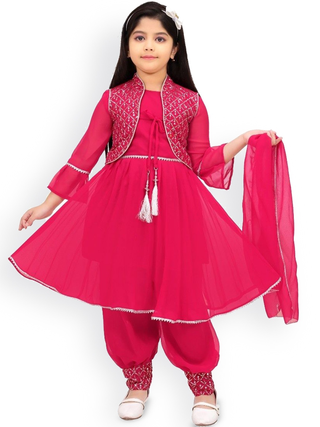 

Samshil Fashion Girl Sequinned Embroidered A-Line Kurti With Patiala And Dupatta & Jacket, Pink